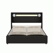 Merax Lit rembourré 140x200 avec bande lumineuse LED, lecteur Bluetooth et chargement USB, lit coffre en cuir PU, lit double noir - noir multi-matér
