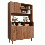 Merax Armoire haute 100 x 32 x 170 cm avec étagères ouvertes, portes, tiroir, façade ondulée et pieds en bois massif aspect noyer - marron Bois ma
