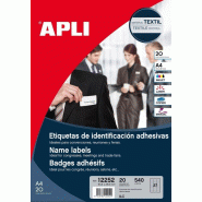 Apli Etui de 540 badges adhésifs en textile blanc, format 63,5 x 29,6 mm (20 feuilles / cdt) - 8410782122524