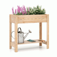 COSTWAY Bac surélevé avec étagère & compartiments drainage, bac plantation bois, potager herbes 81x38x77cm Naturel - marron Bois massif SF6646