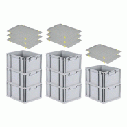 PROREGAL 8x Bac Euro NextGen Economy avec couvercle d'appui et 4 fermetures à glissière jaunes poignées fermées 22x30x40cm 20L - noir plastique RM