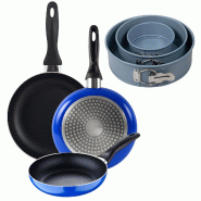 BERGNER - Set de 3 poêles Ø16/20/24 cm en aluminium pressé compatibles induction Blue Navy Paradise avec set de 3 moules de four ronds Ø12/18/22 c
