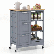 COSTWAY Armoire cuisine roulante, avec plateau, étagères et 3 tiroirs, bois hévéa 67x37x83,5 cm, Gris - gris multi-matériau WO78303SD