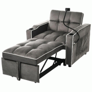 Merax fauteuil-lit 3 en 1 convertible, fauteuil relax et canapé-lit avec porte-gobelet, support téléphone, velours, gris foncé - gris multi-matér