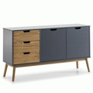 VS Venta-stock Buffet Commode Java 3 tiroir y 2 Porte Anthracite, glissières métalliques, 140 cm - gris Bois massif I00036
