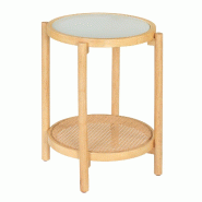 COSTWAY Table avec Verre et Rotin, Ronde avec Rangement, Table de Nuit en Acacia, 47,5x47,5x58 cm, Naturel - marron Bois manufacturé VH35553ZM