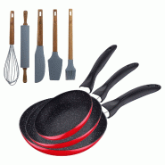 BERGNER - Jeu de 3 poêles avec revêtement marbre Ø16/Ø20/Ø24 cm avec set de 5 ustensiles de cuisine en silicone et bois - PK9179