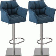Décoshop26 - Lot de 2 tabourets de bar réglable en tissu bleu assise enveloppante capitonnée et avec base carrée en acier 10_0006297 - bleu acier