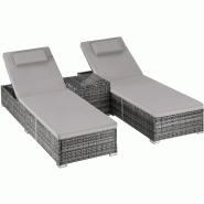 TecTake GmbH Chaise longue double Carbonera en rotin - Table intégrée - Gris - Polyrotin haut de gamme, 62x196cm - 406524 - gris multi-matériau 406524