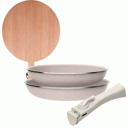 BERGNER - Jeu de 2 Poêles Ø24/28cm en Aluminium Pressé Antiadhésif avec Poignée Amovible et Planche à Découper Ronde en Bois de Hêtre - PK9502