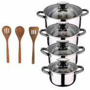 BERGNER - Batterie de cuisine DINA 8 pcs 16/18/20/24cm en Acier Inoxydable compatible induction avec Set 3Pc Ustensiles de Cuisine en Bois d'Acacia -