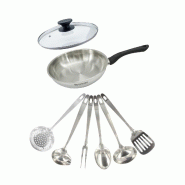 Set poêle 24 cm en inox, couvercle verre et 6 ustensiles inox Fackelmann Geneva - Acier inoxydable 18/10 3176239944549