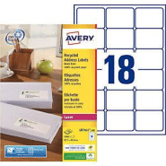 Avery LR7161 Etiquettes adresses recyclées blanches 63,5 x 46,6 mm pour imprimante laser - 100 feuilles A4 - 1800 étiquettes par boîte Avery LR7161 Etiquettes adresses recyclées blanches 63,5 x 46,6 mm pour imprimante laser - 100 feuilles A4 - 1800 étiquettes par boîte