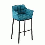 Décoshop26 - Tabouret de bar chaise haute de comptoir couture carrées assise en tissu turquoise 4 pieds stables en métal noir 10_0004707 - noir mé
