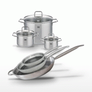 Batterie de cuisine avec 3 poêles 24/28/32 cm et 3 faitouts 16/20/26 cm en inox avec 6 ustensiles de cuisine Elo Collection Relief Solution Citrin -