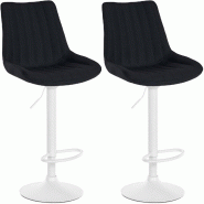 Décoshop26 - Lot de 2 tabourets de bar réglable en hauteur pivotant à 360° assise en tissu noir couture verticale pied métal blanc 10_0006407 - b