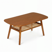 COSTWAY Table 2 Niveaux avec Étagère Ouverte, Cadre en Bois d'Hévéa et Rotin Synthétique, pour Salon, Noyer - marron Bois manufacturé VH35554IZ