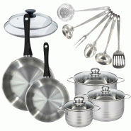 Batterie de cuisine 2 poêles 24/28 cm et couvercles, 3 faitouts 16/20/24 cm et 6 ustensiles Fackelmann Geneva - gris inox 3176239935929_0