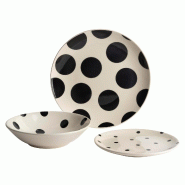 BERGNER Dots La Maison - Service de vaisselle 12 pièces en grès blanc à pois noirs - Grès Q5170