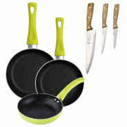BERGNER - Ensemble de 3 poêles Ø20/Ø24/Ø28 cm en aluminium embouti Molen Vert avec ensemble de 3 couteaux en acier inoxydable - PK9380