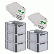 PROREGAL 5x Bac Euro NextGen Economy couvercle à charnières, fermetures à glissière vertes, poignées ouvertes, 22x30x40cm, 20L - noir plastique R