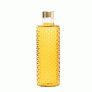 Zafferano Isolano Bouteille de Design en Verre Borosilicaté Soufflé à la Main Effet Diamant Couleur Jaune Or avec Bouchons Satinés Or et Argent É