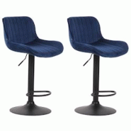 Décoshop26 - Lot de 2 tabourets de bar moderne confortable réglable en velours bleu pied trompette métal noir TDB10397 - bleu 3000483369608