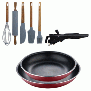 BERGNER - Ensemble 2 poêles Ø22/26cm aluminium embouti rouge avec poignée amovible et Ensemble 5 ustensiles de cuisine en silicone et bois d’acac