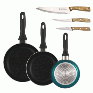 BERGNER - Set de 3 Poêles Ø16/20/24cm en Aluminium Pressé Coloris Bleu Métallisé avec Set de 3 Couteaux en Acier Inoxydable - PK9843