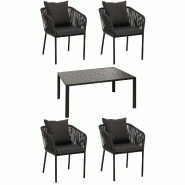 Décoshop26 - Salon de jardin table 140x80 cm + 4 fauteuils corde tressée anthracite et coussins gris foncé 04_0009792 - gris 3000267681025