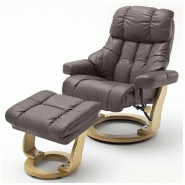 FAUTEUIL RELAX CLAIRAC XL ASSISE EN CUIR MARRON PIED EN BOIS NATUREL AVEC REPOSE PIED