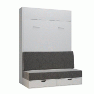 ARMOIRE LIT ESCAMOTABLE DYNAMO SOFA CANAPÉ TIROIRS BLANC MAT ET MICROFIBRE GRIS COUCHAGE 160*200