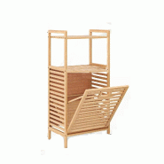 Étagère de salle de bain COSTWAY avec panier à laver, étagère en bambou, armoire de salle de bain avec 2 étagères et panier en tissu pliable -_0