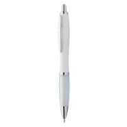 Stylo à bille en plastique - corps blanc, grip coloré et parties chromées brillantes - encre bleue Stylo à bille en plastique - corps blanc, grip coloré et parties chromées brillantes - encre bleue