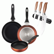 BERGNER - Set de 3 Poêles Ø16/20/24cm en Aluminium Pressé Coloris Cuivre Métallisé avec Jeu de 3 Couteaux en Acier Inoxydable avec Support Magné