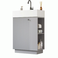 Merax meuble vasque avec vasque céramique 55 × 32 × 87 cm, meuble autoportant avec porte Soft-Close et porte-papier amovible, gris - gris multi-mat