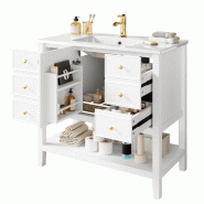 Merax Meuble sous-vasque 91 x 46,5 x 89 cm avec lavabo en céramique, 4 tiroirs, compartiment de porte et rangement ouvert, blanc - blanc multi-matér