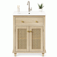 Merax meuble sous-vasque avec vasque en céramique, 61 x 47 x 87 cm, meuble de salle de bain à portes en rotin, aspect bois naturel - multi-matériau