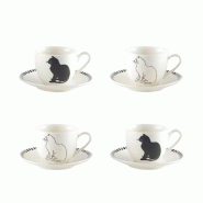 Aulica Tasses à café avec soucoupes chat noir et blanc - lot de 4 - blanc 870601