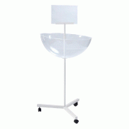 Bac de présentation transparent Ø60cm - avec porte-affiche A4 et pied métal blanc laqué à 3 roulettes