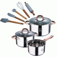 BERGNER - Batterie de Cuisine 5 Pièces Ø16/18/20cm en Acier Inoxydable Compatible Induction avec 5 Ustensiles de Cuisine en Silicone et Bois d’Aca