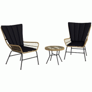 Merax salon de jardin 3 pièces avec 2 chaises, Table d'appoint Plateau en Verre trempé et Coussins Amovibles, Noir - noir multi-matériau T3323P338452