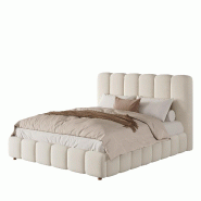 Merax Lit rembourré 140x190 cm, lit double en velours avec sommier à lattes, coffre de lit hydraulique et tête de lit rembourrée, beige - blanc mu