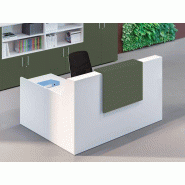 Bureau d'accueil en angle avec réhausse en stratifié et surface comptoir en métal Bureau d'accueil en angle avec réhausse en stratifié et surface comptoir en métal