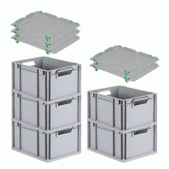 PROREGAL 5x Bac Euro NextGen Economy avec couvercle d'appui et 4 fermetures à glissière vertes poignées ouvertes 22x30x40cm 20L - noir plastique RM