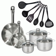 Batterie de cuisine avec 2 poêles 20/28 cm et 3 faitouts 20/24 cm avec 6 ustensiles de cuisine sans PFAS Fackelmann Etherna Brillant Fenix - gris ino_0