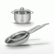 Batterie de cuisine avec 2 poêles 24/28 cm et 1 faitout 24 cm en inox et aluminium sans PFAS Elo Collection Relief Solution Brillant - gris 317623994_0