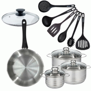 Batterie de cuisine 1 poêle 28 cm et couvercle, 3 faitouts 16/20/24 cm et 6 ustensiles de cuisine Fackelmann Geneva - gris inox 3176239935622_0