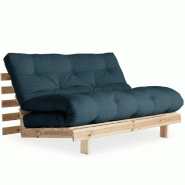 CANAPÉ CONVERTIBLE FUTON ROOTS PIN NATUREL COLORIS BLEU PÉTROLE COUCHAGE 140*200 CM.