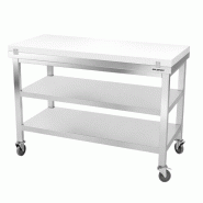 Table de travail en inox 1500x600 mm avec plaque de découpe blanche et 2 étagères sur roulettes PREMIUM - GOLDINOX - gris inox 3701770841240